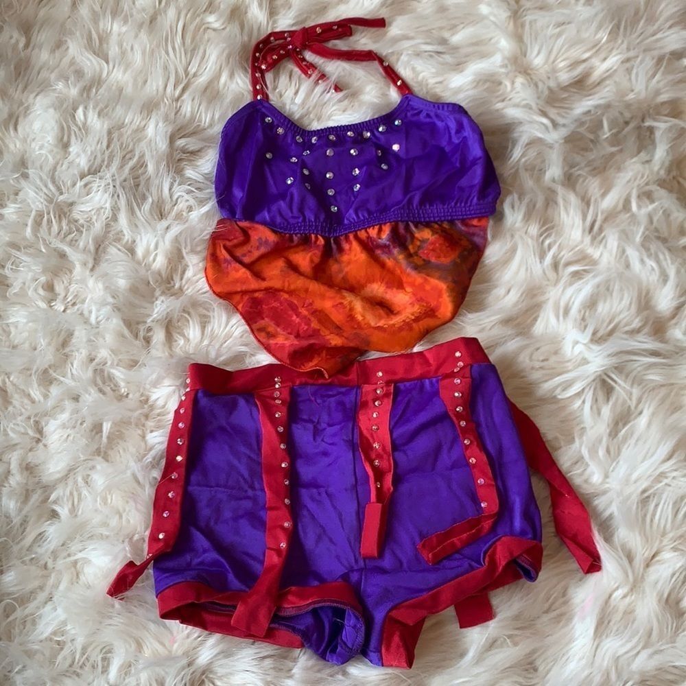 Custom dance costume with Swarovski crystals. Orange, Red and Purple Two Piece
